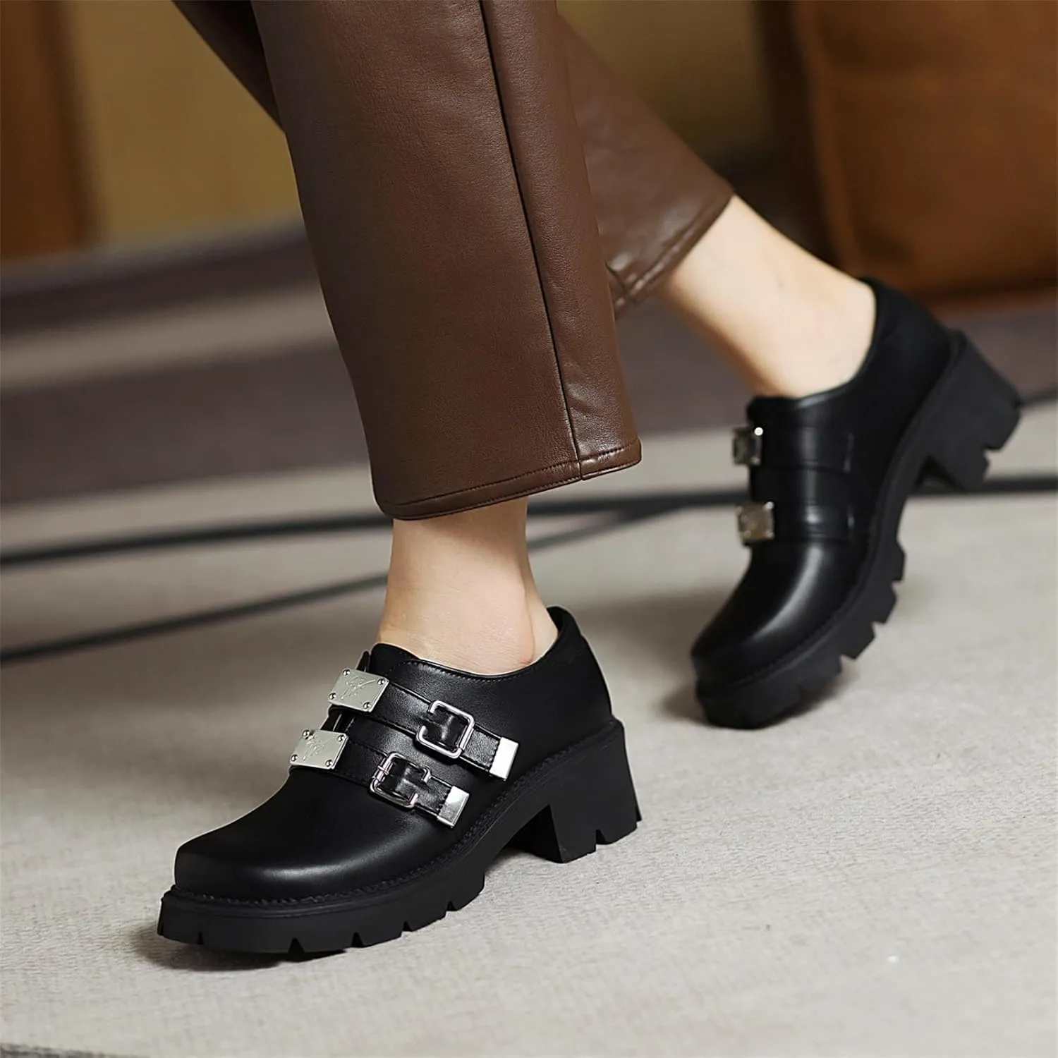 Women's Platform Chunky Hook & Loop Vintage Oxfords Dress Pumps Closed Round Toe Block Mid Heels Wedding Church Concise Comfy Dress All Weather Dating Retro Brogues Shoes