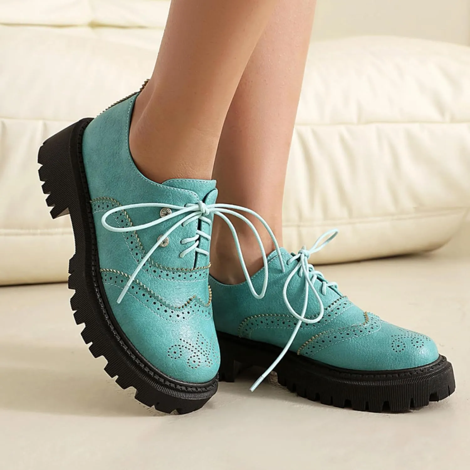 Women's Platform Lace Up Oxfords Shoes Round Toe Chunky Heel Block Wingtip Brogues Casual Loafers Comfortable Derby Saddle Pumps