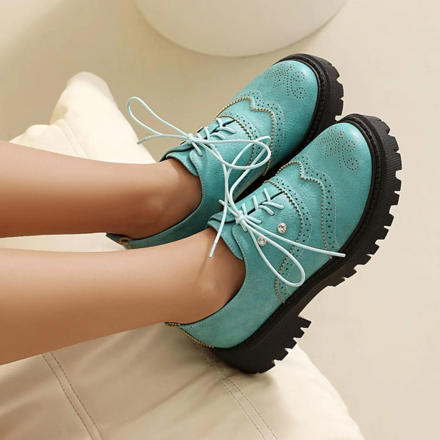 Women's Platform Lace Up Oxfords Shoes Round Toe Chunky Heel Block Wingtip Brogues Casual Loafers Comfortable Derby Saddle Pumps