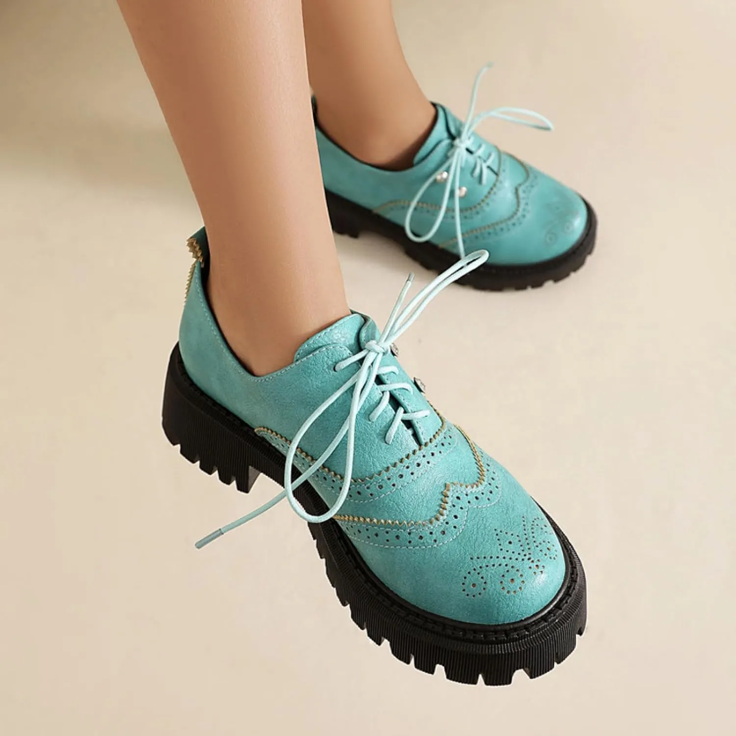 Women's Platform Lace Up Oxfords Shoes Round Toe Chunky Heel Block Wingtip Brogues Casual Loafers Comfortable Derby Saddle Pumps