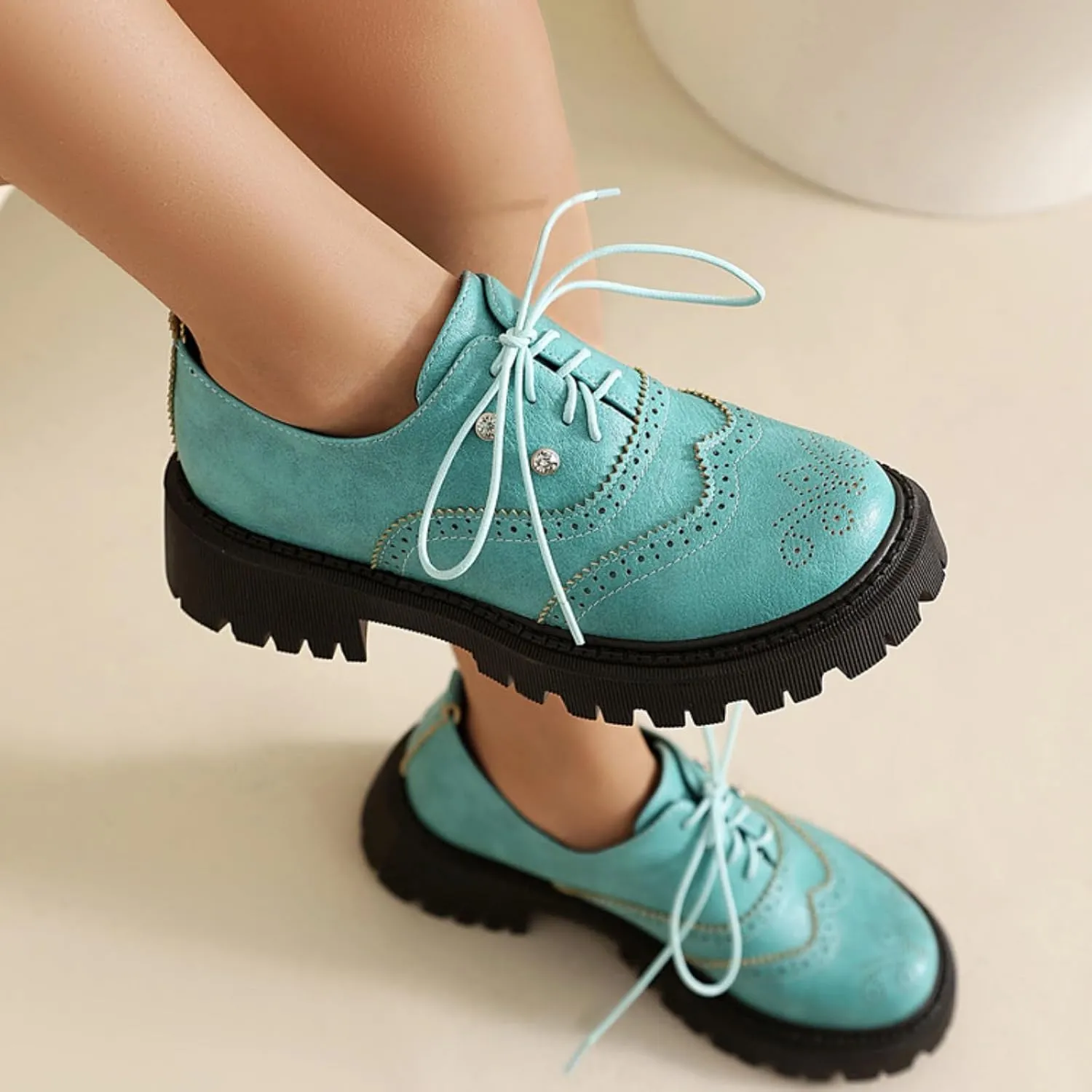 Women's Platform Lace Up Oxfords Shoes Round Toe Chunky Heel Block Wingtip Brogues Casual Loafers Comfortable Derby Saddle Pumps