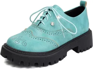 Women's Platform Lace Up Oxfords Shoes Round Toe Chunky Heel Block Wingtip Brogues Casual Loafers Comfortable Derby Saddle Pumps