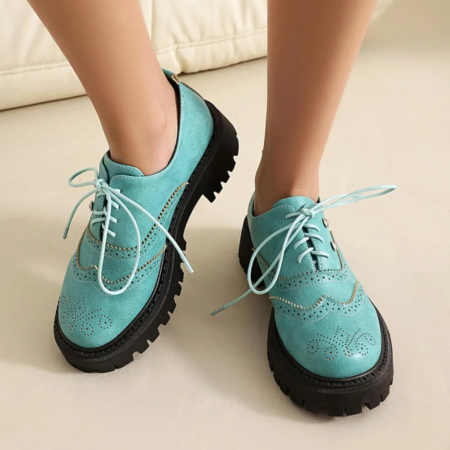 Women's Platform Lace Up Oxfords Shoes Round Toe Chunky Heel Block Wingtip Brogues Casual Loafers Comfortable Derby Saddle Pumps