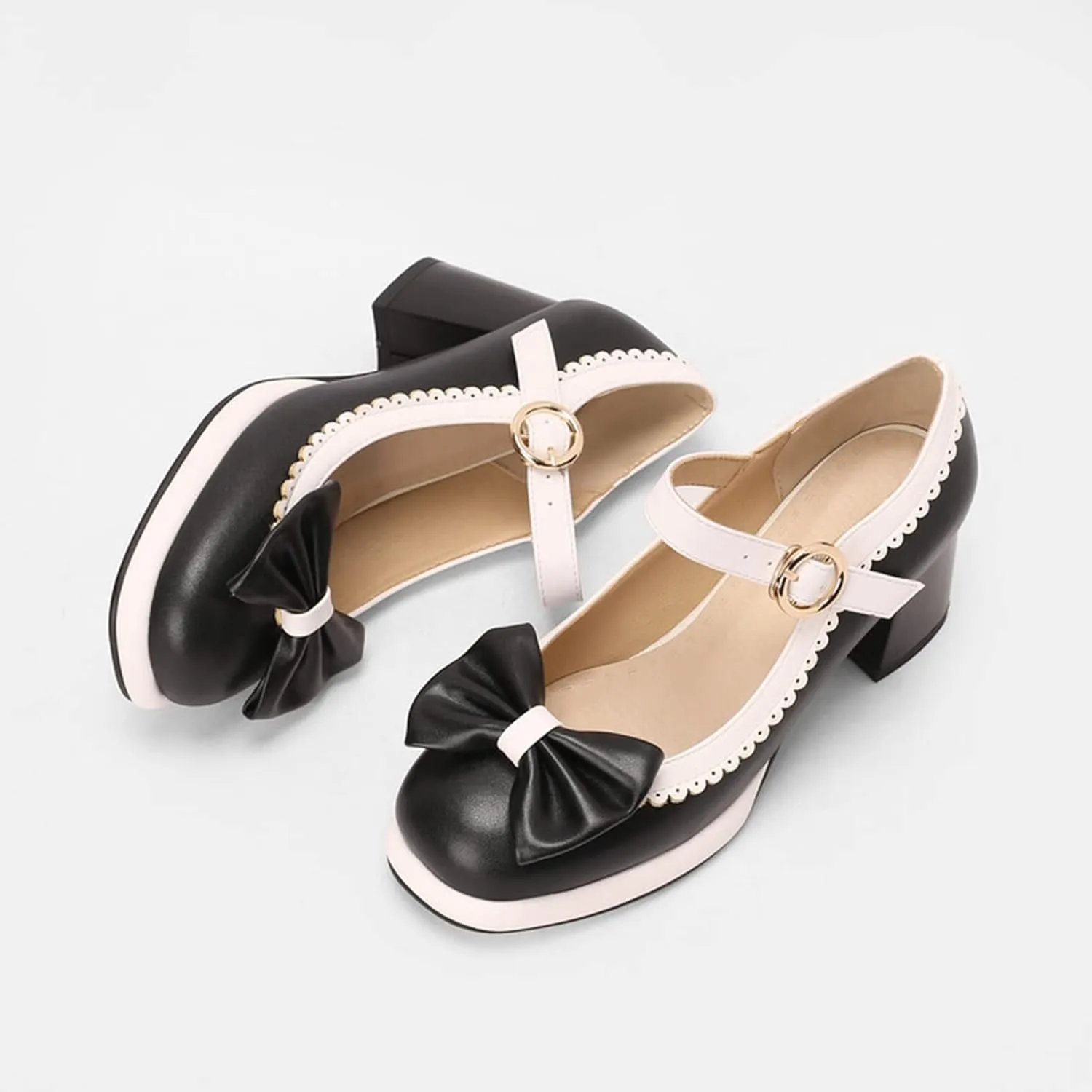 Women's Platform Mary Jane Pumps Two Tone Sweet Bow Buckle Strap Square Toe Mid Chunky Heel Dress Shoes