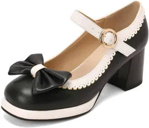 Women's Platform Mary Jane Pumps Two Tone Sweet Bow Buckle Strap Square Toe Mid Chunky Heel Dress Shoes