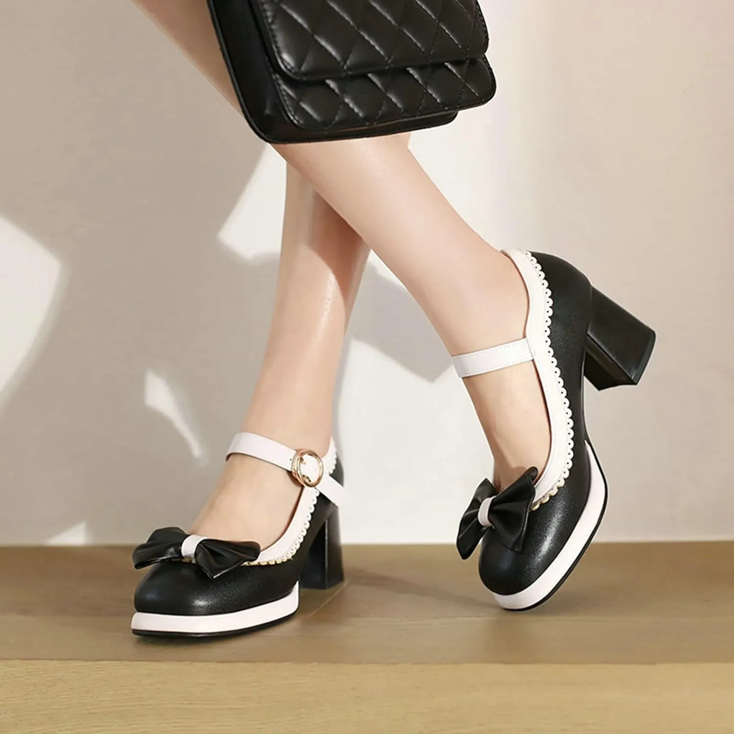 Women's Platform Mary Jane Pumps Two Tone Sweet Bow Buckle Strap Square Toe Mid Chunky Heel Dress Shoes