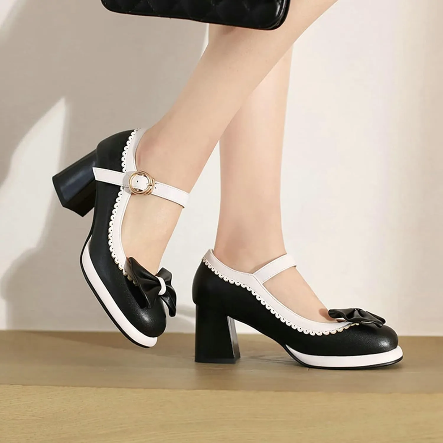 Women's Platform Mary Jane Pumps Two Tone Sweet Bow Buckle Strap Square Toe Mid Chunky Heel Dress Shoes