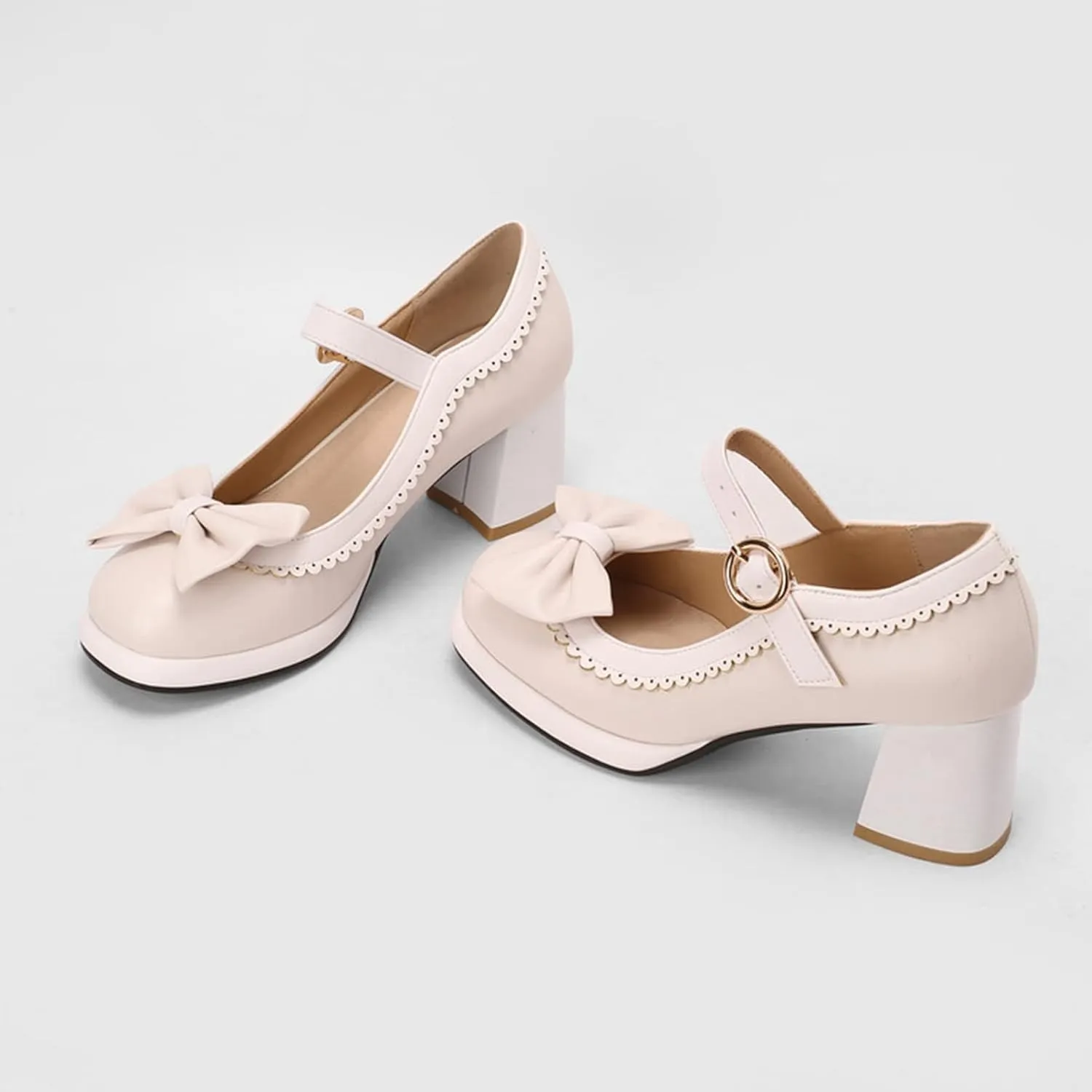 Women's Platform Mary Jane Pumps Two Tone Sweet Bow Buckle Strap Square Toe Mid Chunky Heel Dress Shoes