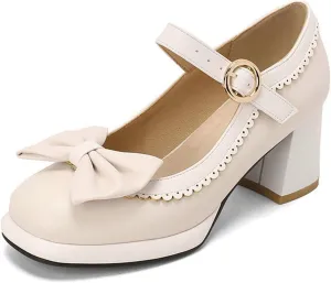 Women's Platform Mary Jane Pumps Two Tone Sweet Bow Buckle Strap Square Toe Mid Chunky Heel Dress Shoes