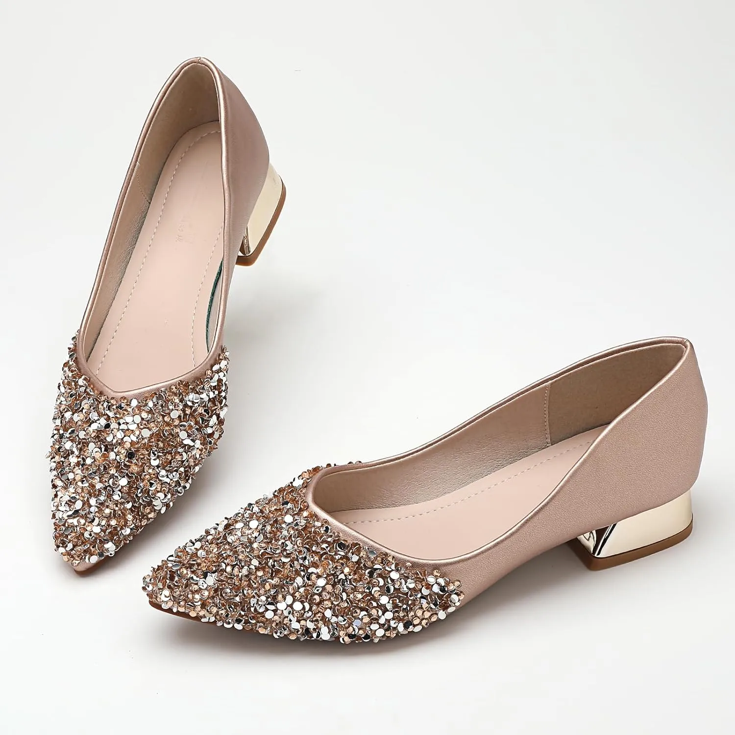 Women's Pumps, Closed Toe Chunky Heels for Women, Comfortable Work Pumps Shoes, Pointed Toe Rhinestones Dress Wedding Pumps for Women
