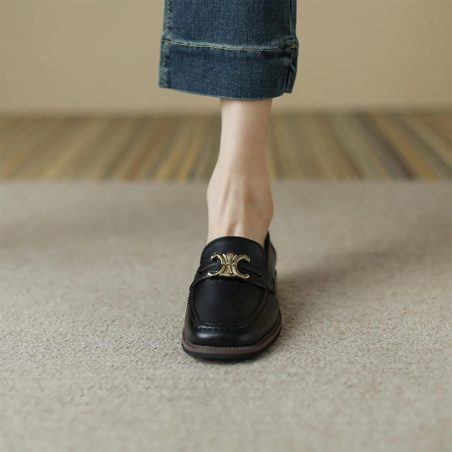 Women's Square Closed Toe Flats Loafers Pull-On Gold Metallic Comfortable Chunky Low Heel Office Cosplay Student Work Casual Comfortable Fashion Business Daily Wear Dress Shoes