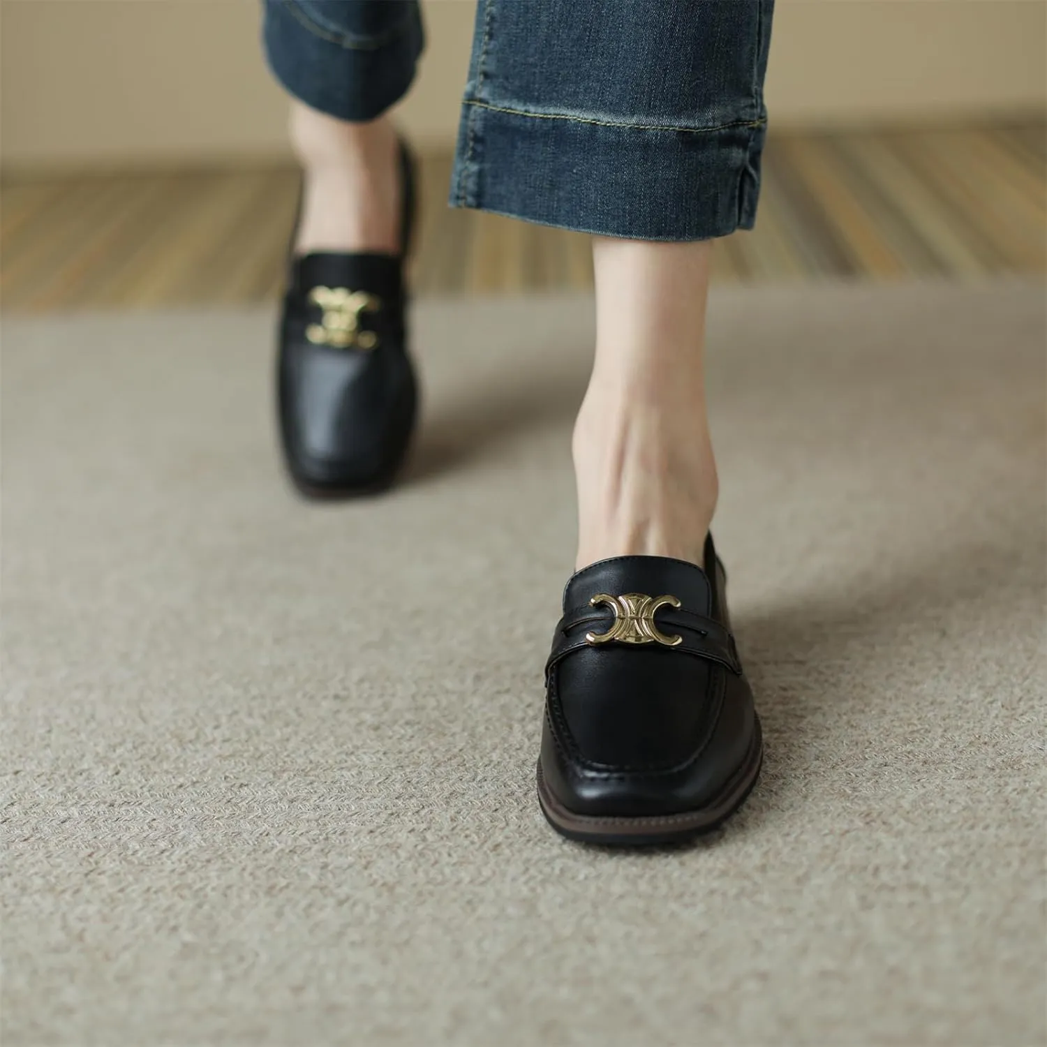 Women's Square Closed Toe Flats Loafers Pull-On Gold Metallic Comfortable Chunky Low Heel Office Cosplay Student Work Casual Comfortable Fashion Business Daily Wear Dress Shoes