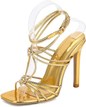Women's Strappy Stiletto Heels, Square Open Toe Ankle Strap Rhinestone Heeled Sandals, Sexy Comfort Dress Shoes for Prom Party Wedding