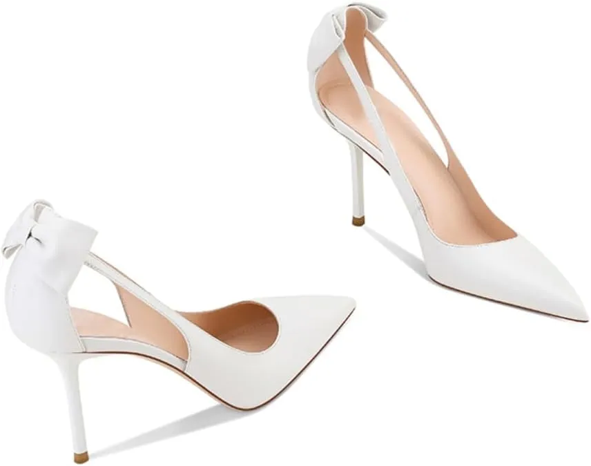 Women's White Bow Pumps Pointed Toe High Heels Closed Toe Stilettos Bridal Heels Dressy Wedding Evening Party Office Pumps Shoes