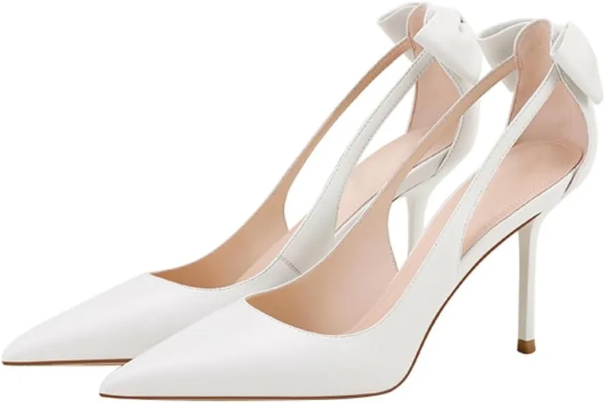 Women's White Bow Pumps Pointed Toe High Heels Closed Toe Stilettos Bridal Heels Dressy Wedding Evening Party Office Pumps Shoes