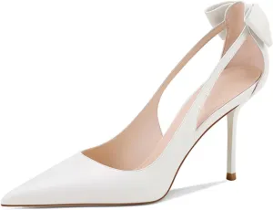 Women's White Bow Pumps Pointed Toe High Heels Closed Toe Stilettos Bridal Heels Dressy Wedding Evening Party Office Pumps Shoes